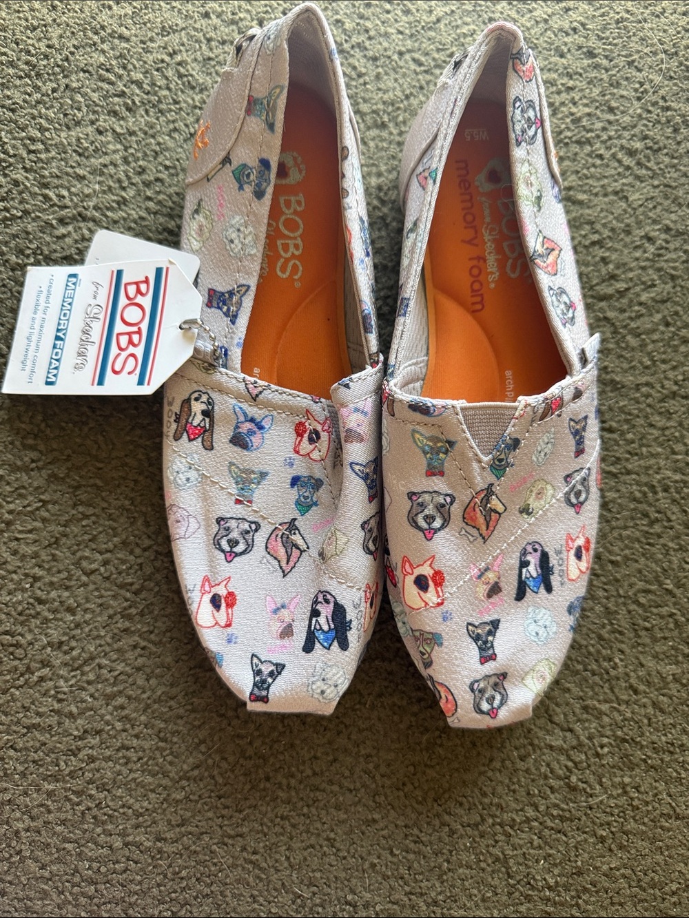 Skechers BOBS Slip-On Flats with Multicolor Dog Faces on Light Beige